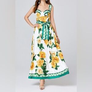 767. Floral Print Sleeveless Belted Maxi Dress in Green